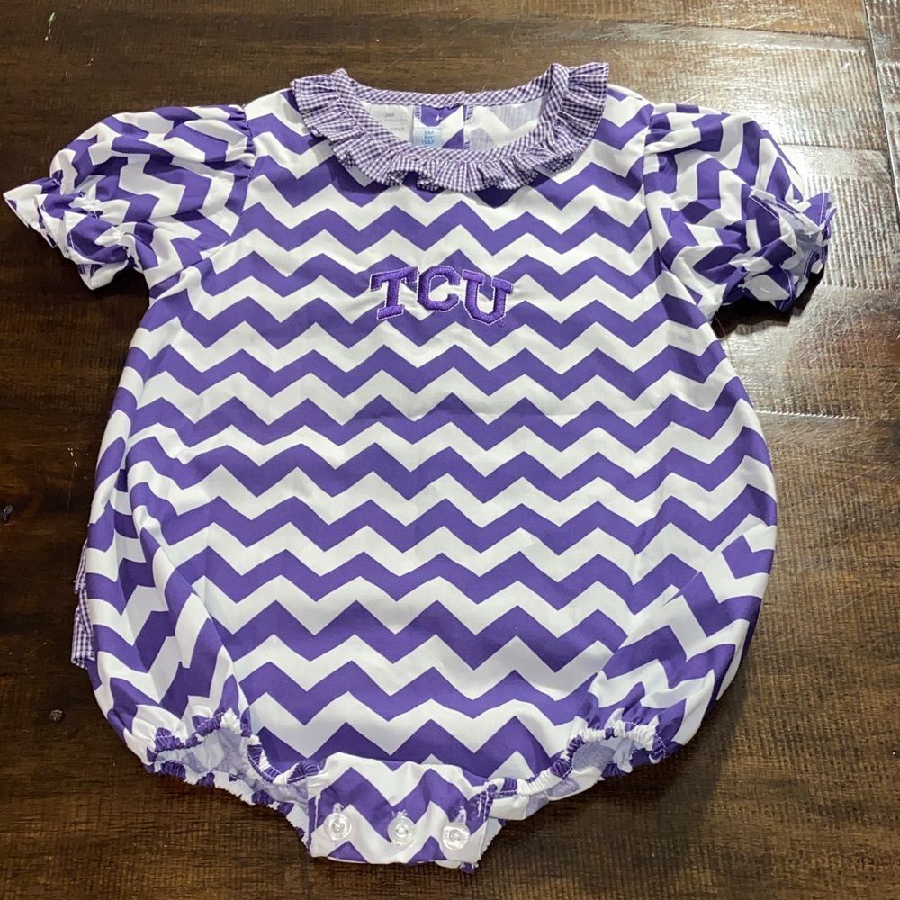 Vive La Fete TCU Purple and White Chevron Baby Romper 24 month